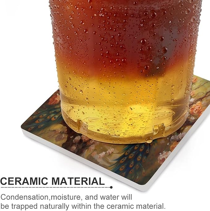 Square-4PCS Peacock Ceramic Coasters, Square Absorbent Drink Coasters, Vintage Art Beautiful Plant Floral Green Peacock Ceramic Table Coasters for Coffee, Beverage, Wine, Beer Coasters