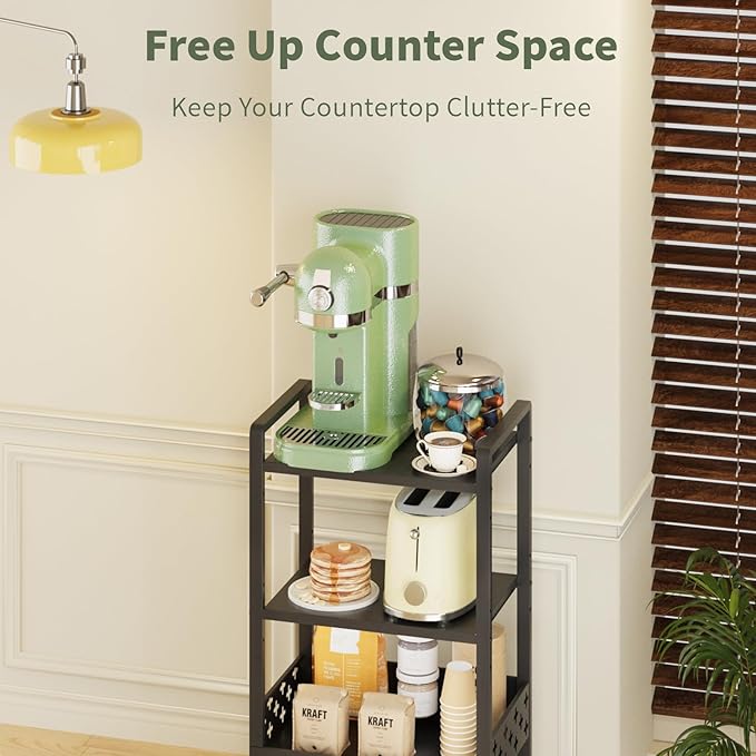 Kitchen Rolling Cart,4 Tier Mobile Utility Snack Cart with Adjustable Shelf, Fruit and Vegetable Storage on Wheels for Kitchen, Bathroom, Office,Coffee Bar Black