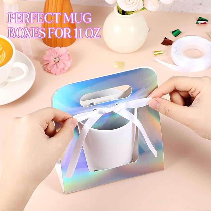 Motipuns 24 Pack Mug Boxes for Gifts 11 oz Coffee Mug Gift Boxes with 1 Roll Ribbon Sublimation Cups Packaging Bags for Sublimation Coffee Cups Blanks Wrapping(Laser Color)