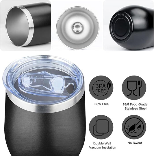 MEZMUT 12 Oz Insulated Wine Tumbler with Lid Double Wall Vacuum Stainless Steel Wine Glass Coffee Mug Insulated Tumbler Cup for Champaign, Cocktail, Beer (Black, 4 Pack)