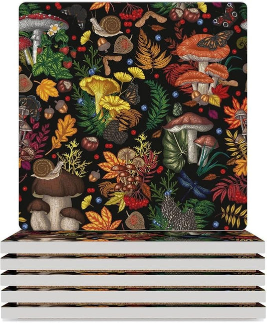 Square-6PCS Botanical Drink Coasters, Square Modern Ceramic Absorbent Coasters, Rustic Cartoon Abstract Botanical Mushroom Plants Pattern Decor Desk Coffee Table Coaster for Beverage Cup Tea Coasters