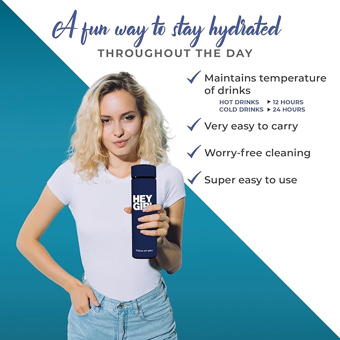 Hey Girl Tea Infuser Bottle 450ml - Insulated Stainless Steel Water Bottle - Tea Tumbler with Tea Diffuser - Portable Travel Mug for Loose Leaf Tea & Infused Water - Tea Lovers Gifts for Women