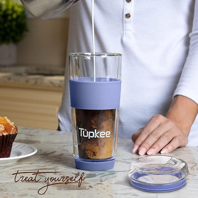 Tupkee Double Wall Glass Tumbler - 14-Ounce, All Glass Hand Blown Reusable Insulated Tea/Coffee Mug & Lid, Travel Mug - Jacaranda