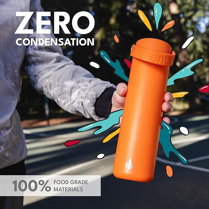 Elemental 24oz Insulated Water Bottle with Straw - 100% Leak-Proof Stainless Steel Core Water Bottles for Travel, Sports and Gym - Double Wall Insulation & BPA Free - Orange