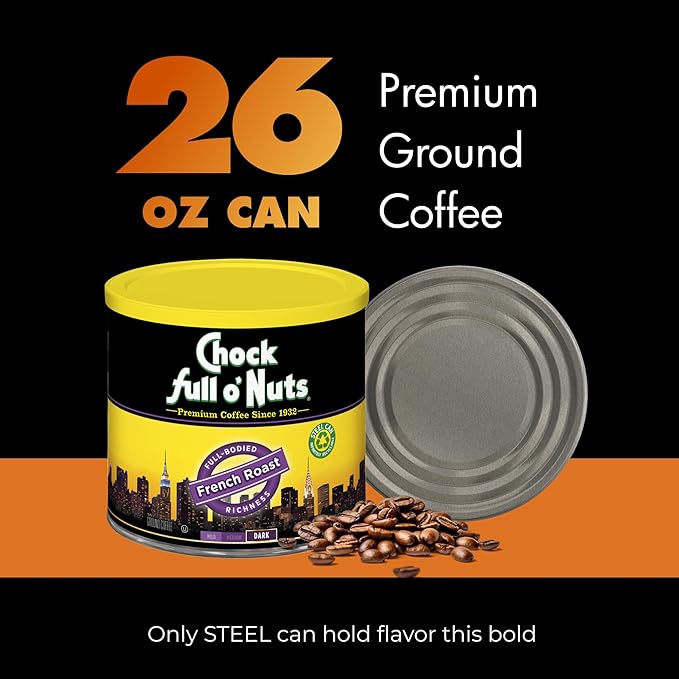 Chock Full o' Nuts French Roast Ground Coffee – Premium Beans in Recyclable Steel Can – Rich Flavor & Aroma, Dark Roast – Perfect for Drip, Pour-Over, Percolator – 26 Oz Can