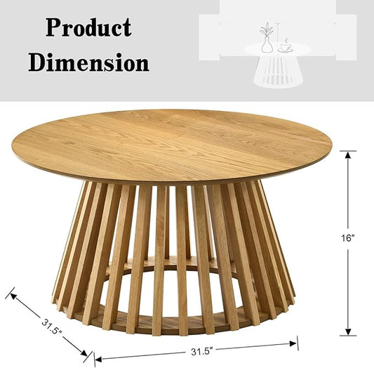 DUOMAY Modern Solid Wood Round Coffee Table with Geometric Base, Sturdy Wood Center Table for Living Room, Lounge, Office, Log Color