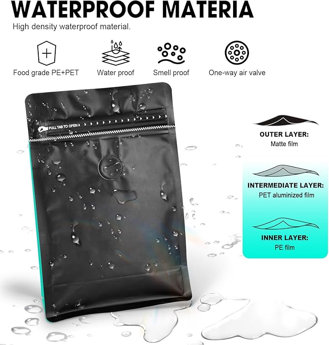 Coffee Bags with Valve(60pcs,16oz,1lb) Vented Coffee Beans Packaging Bags High Barrier Aluminumed Foil Flat Bottom Heat Sealed Side Zipper Resealable Storage Bag for Home or Business（Black+Blue）