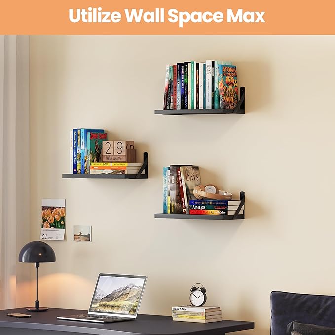 upsimples Floating Book Shelves for Wall, 15.7 Inches Wood Shelves for Living Room, Bathroom, Bedroom, Kitchen Storage and Decoration, Black