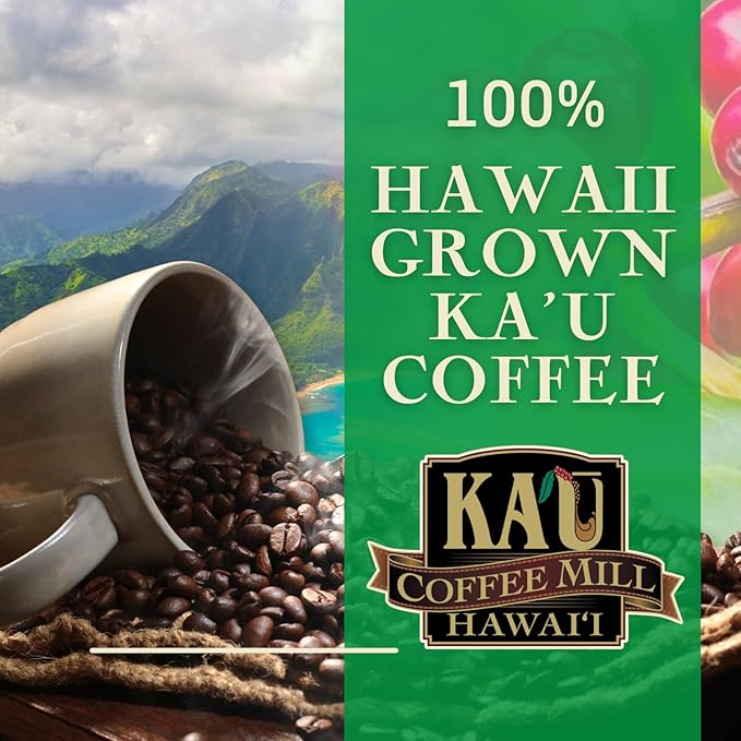 Ka'u Coffee Mill Semi Washed Medium Dark Roast Whole Bean Coffee - Stone Fruit, Citrus, & Milk Chocolate Notes - Handpicked & Semi-Washed Hawaii Grown Arabica Beans - Gourmet Small Batch - 8oz