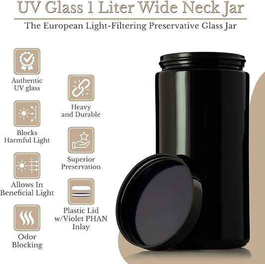 Black Ultraviolet Glass Jar with Lid | 1 Liter 33.8 oz Airtight Smell Proof Container | Wide Neck Herb Storage, Ideal for Coffee, Tea, Spices, Dried Goods, Tall Glass Jar for Kitchen