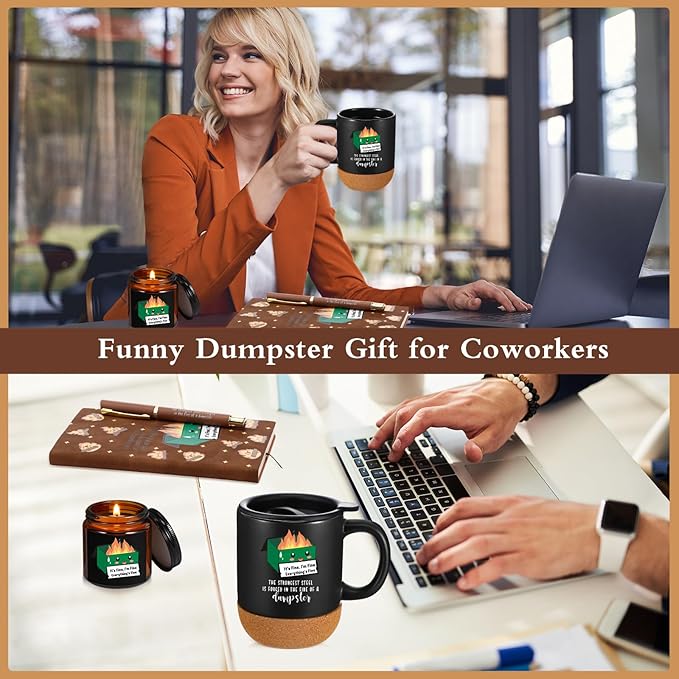 4 Pcs Funny Dumpster Gag Gifts Set for Employee Coworker Valentines Day Emotional Dumpster Notebook Mug Ballpoint Pen Scented Candle Appreciation Gift for Work Team Staff Teacher Nurse Boss