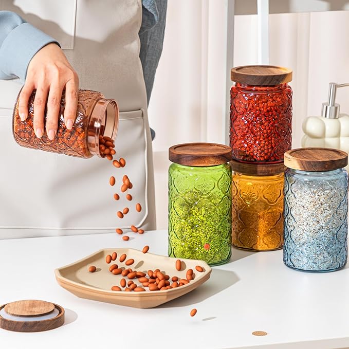 Outus 5 Pcs 23.7 oz, 33.8 oz Vintage Glass Jar with Lids Colored Glass Canisters Jars with Airtight Wooden Lids for Kitchen Counter Flour Sugar Cookie Coffee Tea Storage Containers