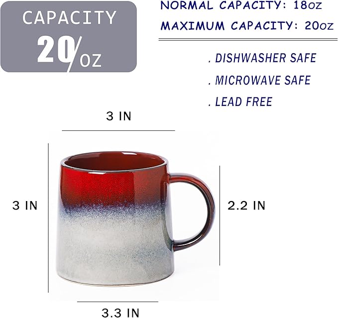 Mkour 20oz Large Ceramic Coffee Mugs, Handmade Cup, Big Tea Cups with Large Handle for Office and Home, Microwave and Dishwasher Safe (Ink Red)
