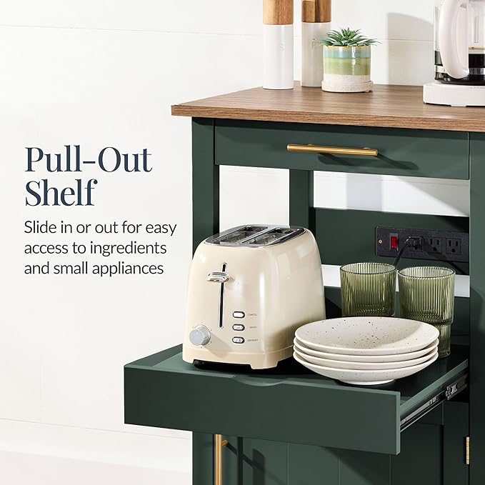 Best Choice Products Rolling Kitchen Island Cart, Single Door Cabinet W/Drawer, Sliding Tray, Outlet, Swivel Lockable Wheels, Hooks, Coffee Cart, Microwave Stand, for Dining Room - Forest Green
