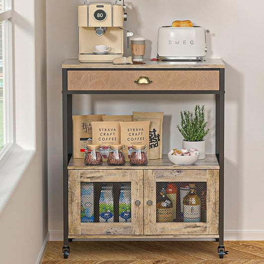 X-cosrack Large Coffee Bar Cabinet，3 Tiers Kitchen Coffee Cart with Drawer for The Home, Movable Farmhouse Station Table on Wheels for Living Room, Entryway, Dining Room, Kitchen