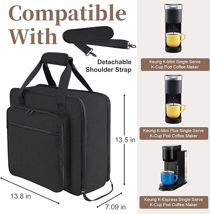 Portable Carrying Coffee Maker Travel Bag Match for Keurig K-Mini/K-Mini Plus/K-Express, Single Serve Coffee Machine Travel Bag with Padded Shoulder Straps Includes Multiple Storage Bags, Black