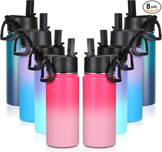 Volhoply 16 OZ Kids Water Bottle Bulk 8 Pack,Insulated Sports Bottles with Straw Lid,Stainless Steel Bottle with Handle Keep Cold & Hot,Double Wall Vacuum Tumbler Cups for School(Assorted, 8)