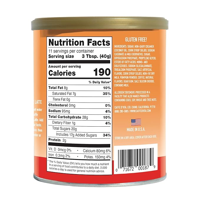 Caffe D'Vita Pumpkin Spice Latte Cappuccino - Instant Coffee Powder Mix, Gluten Free, No Cholesterol, No Hydrogenated Oils, No Trans Fat, 99% Caffeine Free - 1 Lb Can (Pack of 2)