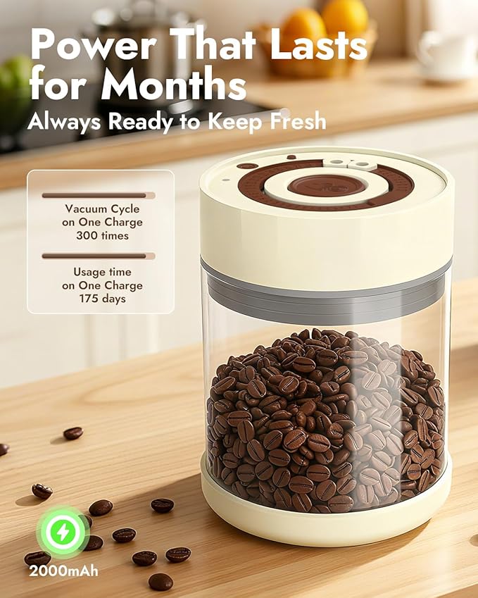 Electric Vacuum Coffee Canister & Food Storage Jar – One-Button Operation Auto Airtight Sealed Coffee Container, 34 fl oz for 0.9 lb Beans
