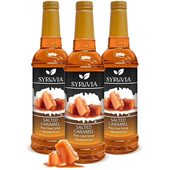 SYRUVIA Syruvia Salted Caramel Coffee Syrup – 25.4 fl oz Syrup for Coffee, Lattes, Shakes, Smoothies, Desserts – 100% Vegan, Gluten Free, Kosher Coffee Syrup, (Pack of 3)