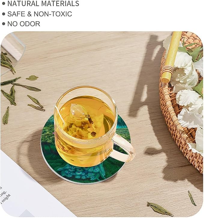 Round-4PCS Peacock Drink Coasters, Round Modern Ceramic Absorbent Coasters, Vintage Tree Branch Beautiful Plant Floral Green Peacock Decor Desk Coffee Table Coaster for Beverage Cup Tea Coasters