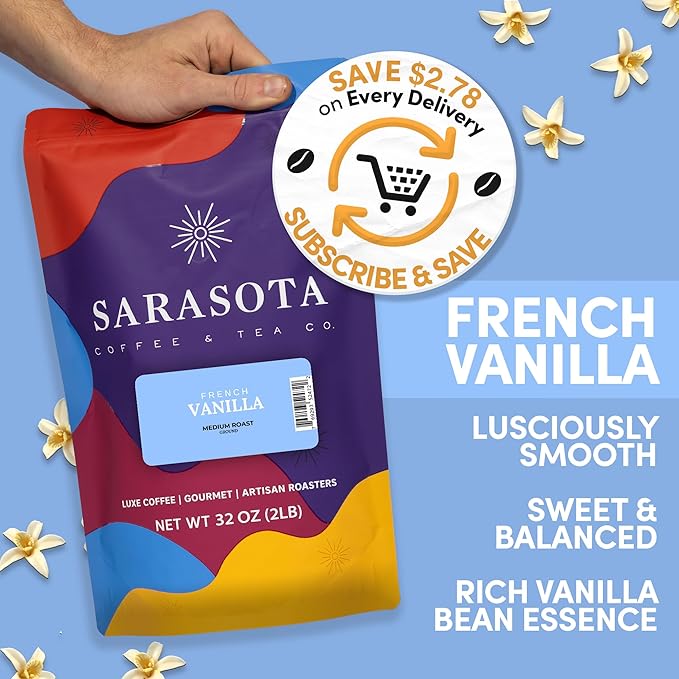 2 lb French Vanilla Ground Coffee | Vanilla Flavored Coffee Medium Roast | Bulk Smooth Sweet Ground | Specialty Grade | 32 oz
