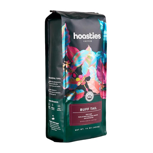 Hoasties Coffee Buff Tail - Dark Roast Whole Bean Organic Coffee, Made 100% Colombian Arabica Coffee Beans, 16 ounces