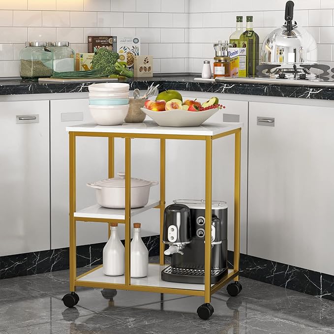 SogesHome Gold Bar Cart, Utility Bar Serving Cart Kitchen Island Rolling Cart on Wheels with Shelves for Living Room, Office, Coffee