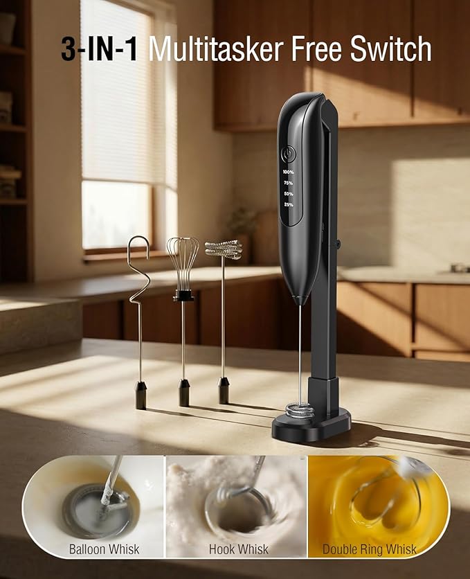 Electric Milk Frother Handheld: Rechargeable 3 in 1 - LED Digital Display with 3 Speeds Portable Stainless Steel Drink Foam Mixer for Milk Coffee, Lattes, Valentine's Day gifts - Onyx Black