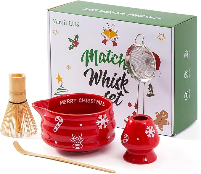 5pcs Premium Matcha Set,Ceramic Bowl with Spout and Bamboo Whisk set, Ceremonical Matcha Kit for holiday,Tea Starter Making Kit,Christmas Matcha Gift set (Reindeer Red)