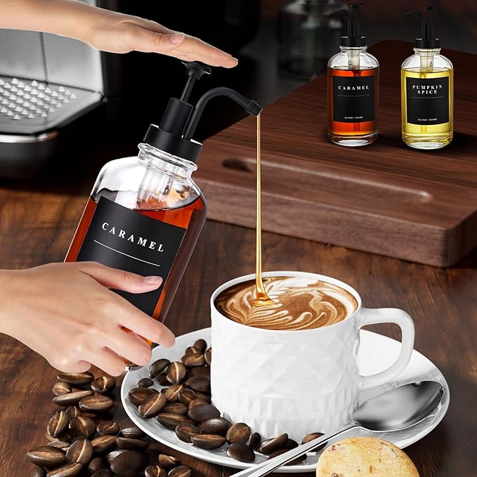Coffee Syrup Dispenser for Coffee Bar, Coffee Syrup Pump Dispenser, Glass Syrup Bottle with Black Upgraded Pump, 2 Pack 16.9 oz 500 ml Syrup Dispensers, 28 Labels and Bamboo Tray