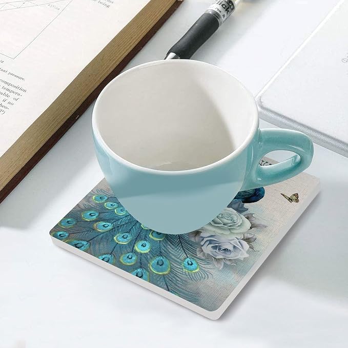 Peacock Drink Coasters, Square Ceramic Drink Coaster Square-4PCS, Vintage Tree Branch Beautiful Teal Peacock Floral Decor Absorbent Ceramic Coasters for Beverage Cup, Bar, Coffee Table