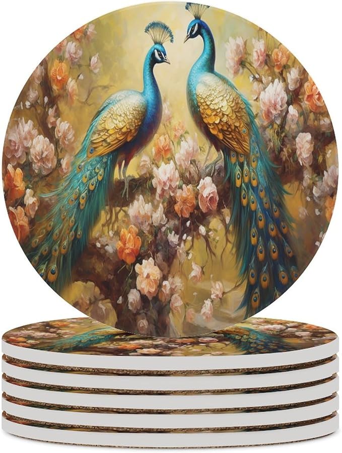 Round-6PCS Peacock Ceramic Coasters, Round Absorbent Drink Coasters, Vintage Art Beautiful Plant Floral Green Peacock Ceramic Table Coasters for Coffee, Beverage, Wine, Beer Coasters