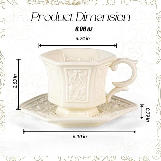 KAMMAK Tea Cups and Saucers Set of 2, Porcelain Coffee Cups, 6-Ounce Stackable Espresso Mugs, Ceramic Demitasse for Coffee, Latte, Americano, Tea, Retro Cream