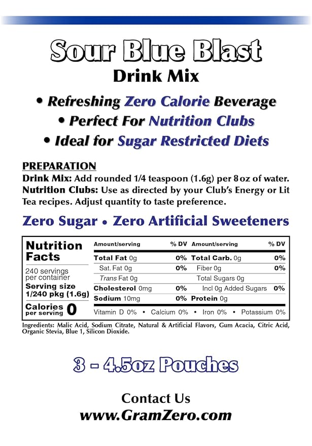 GramZero Sour Blue Blast Zero Calorie Sugar Free Drink Mix, Great For Nutrition Club Loaded Tea, Stevia Sweetened