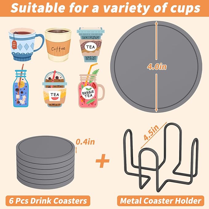 Azhou 6Pcs Super Absorbent Diatomaceous Earth Coasters Set with Holder - Quick-Dry 4 Inch Grey Coasters for Drinks, Heavy Duty Stone Coaster with Velvet Base, Scratch-Proof Home Decor for Coffee Bar