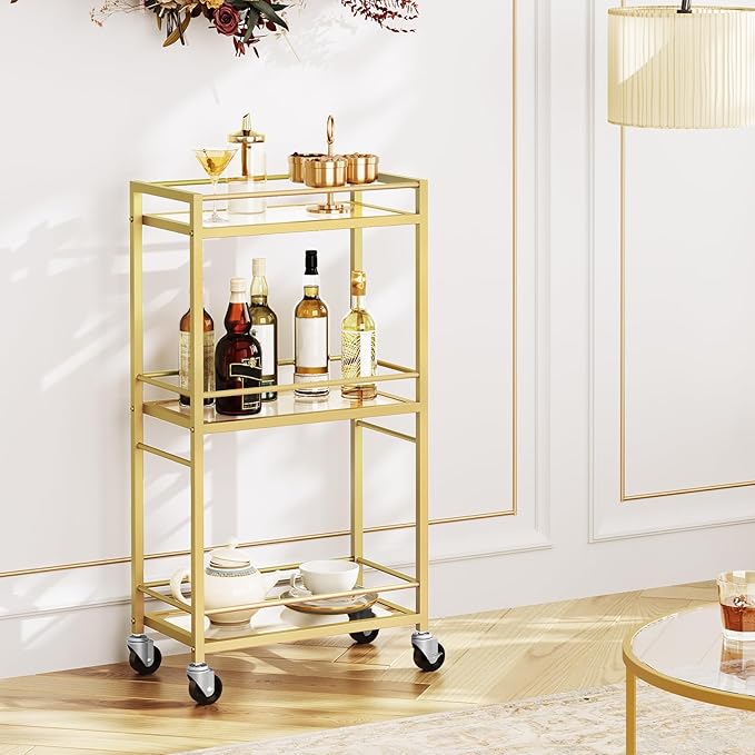 Bar Cart for The Home, 3-Tier Drink Cart on Wheels, Home Bar Serving Cart, Mini Bar Cart for Small Space, Kitchen, Dining Room, Gold RCJ40B01