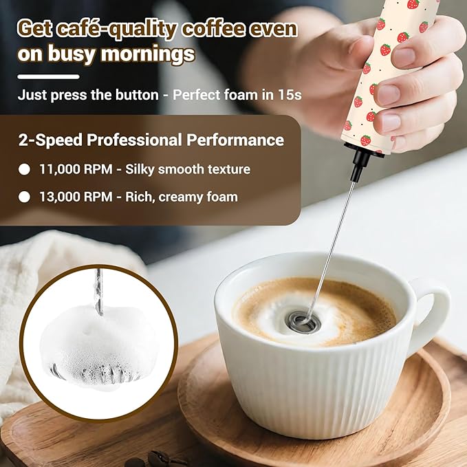 Milk Frother Handheld Rechargeable - 2-Speed Electric Whisk with 5 Detachable Heads (Frother/Mixer/Whisk) for Coffee, Latte, Cappuccino & Matcha, Drink Mixer (Flower 6)