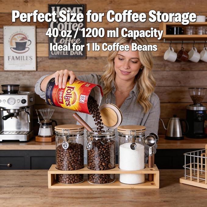 Glass Coffee Canister Set for Countertop | 3-Piece Airtight Jars for Coffee, Sugar, Tea | Modern Farmhouse Kitchen Essentials with Bamboo Lids & Scoops for Coffee Bar & Pantry Organization