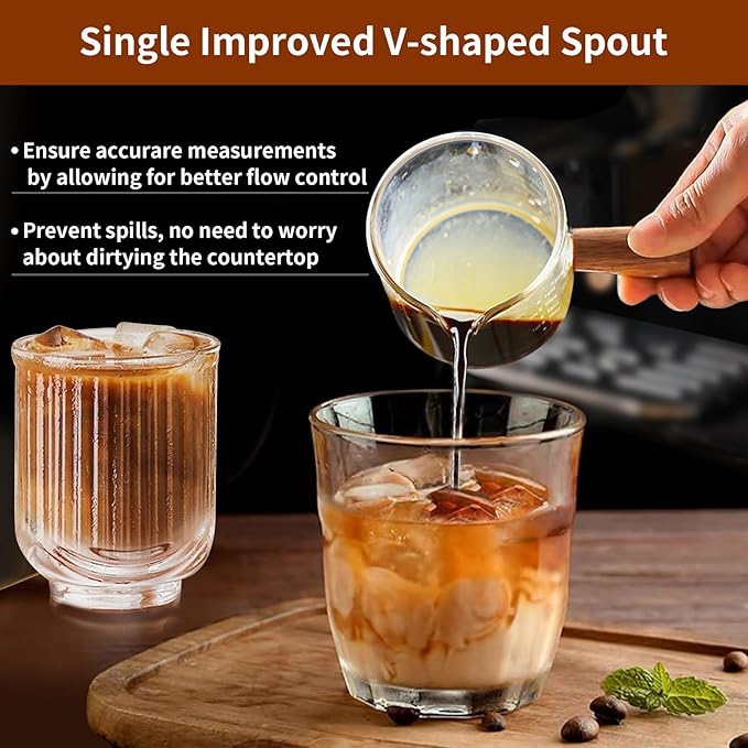 YARRAMATE 2.5 oz/75ML Espresso Shots Cup with Wood Handle (2 Pack), Clear Glass Espresso Measuring Cup, Espresso Shot Glass with Single Spout and Scale, Dishwasher Safe