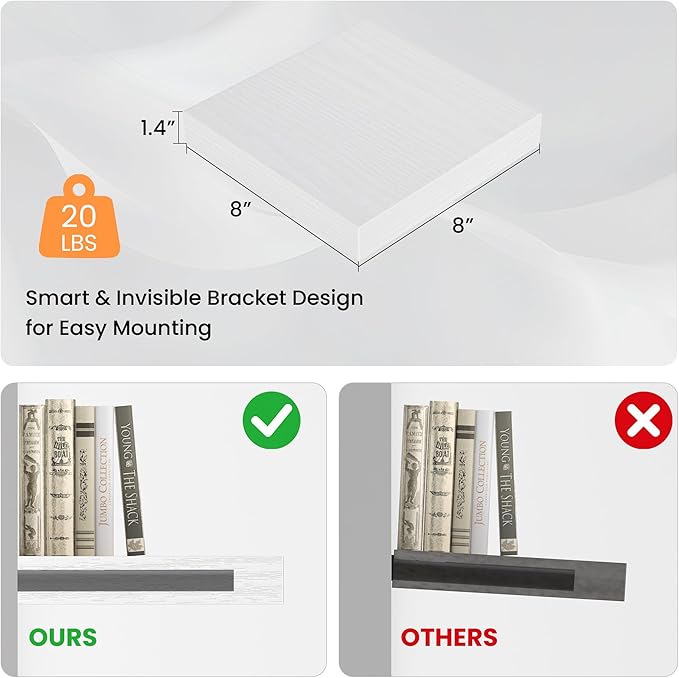 Square Floating Shelves for Wall, 7.5" W x 7.5" D x 1.4" H, Small Wooden Wall Mounted Display Shelf with Invisible Brackets for Living Room, Bathroom, Kitchen Decor, Set of 4, White