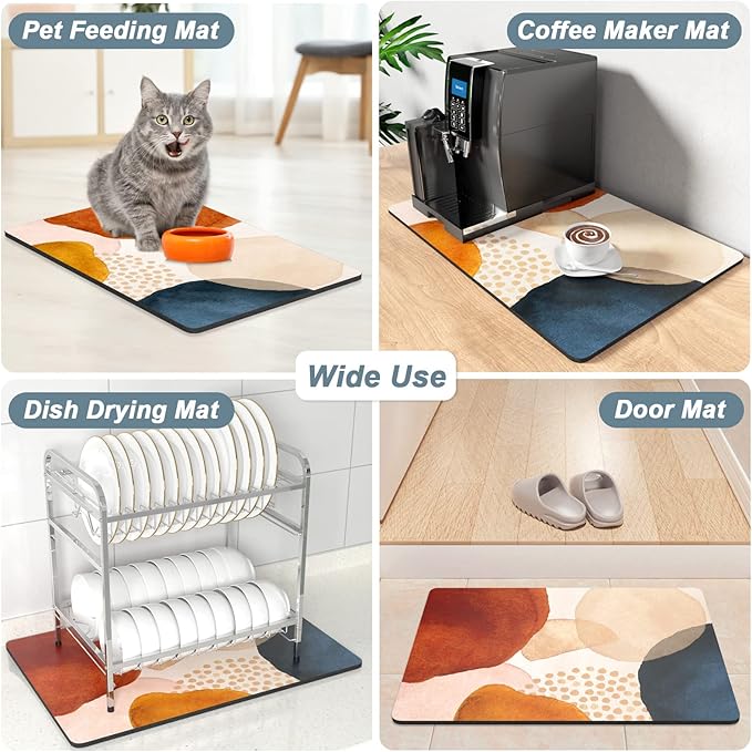 Rnivvi Coffee Mat, 16" x 24" Cute Boho Theme Coffee Bar Mats for Espresso Machine Station Accessories and Organizer, Hide Stain Rubber Backed Absorbent Dish Drying Pad for Kitchen Counter, Stones