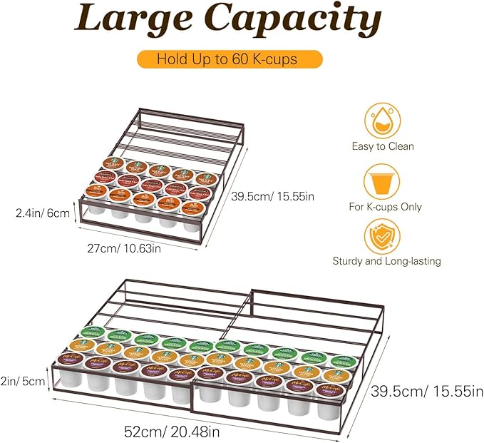 Coffee Pod Holder Drawer, Expandable K Cup Holder Compatible with Keurig K-Cup, K Cup Drawer Organizer Hold 30-60 Coffee Pod Storage for Coffee Station Office and Kitchen, Bronze