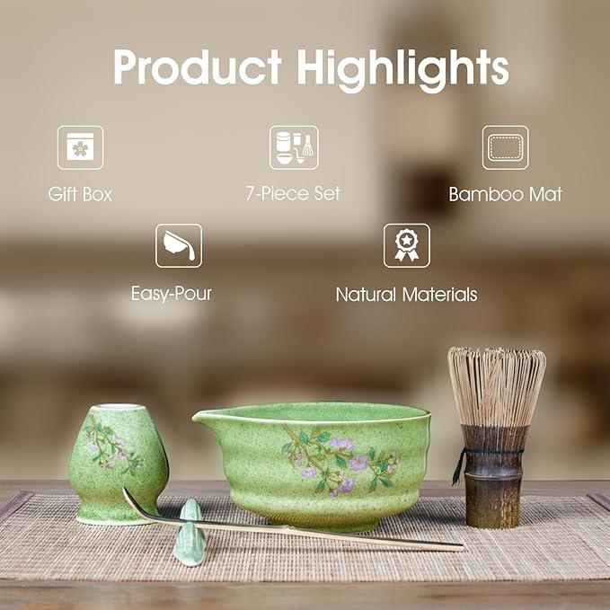 7-Piece Matcha Set with Ceramic Matcha Bowl, Bamboo Whisk (Chasen) & Holder, Sifter, Tea Scoop & Rest, Special Bamboo Tea Mat - Perfect Matcha Kit for Matcha Lovers & Gift Giving, Green