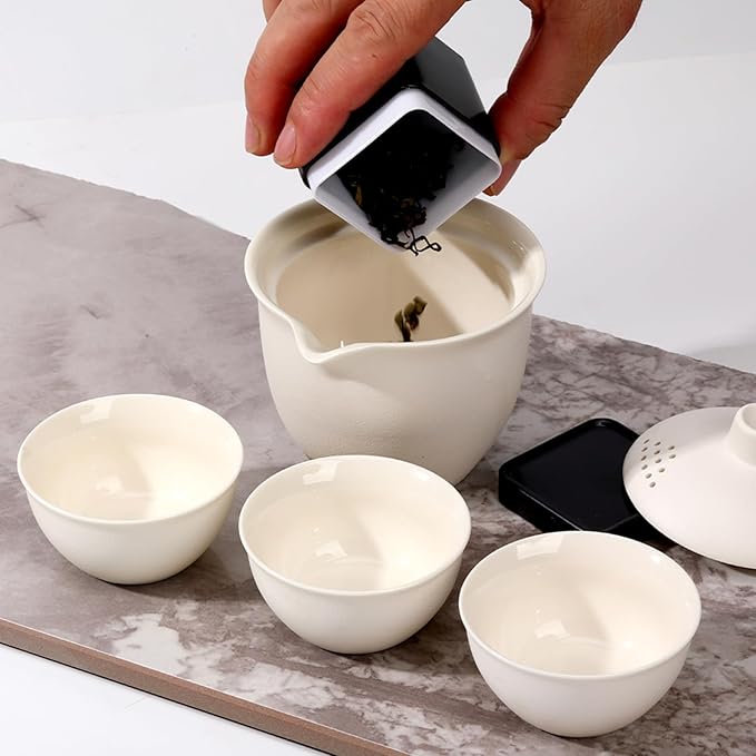 Porcelain Chinese Gongfu Tea Sets for Adults Portable Kungfu Teapot and Cup Set Small Ceramic Tea Party Set Travel Teaset with Lid for Home Gifting Outdoor and Office (White)