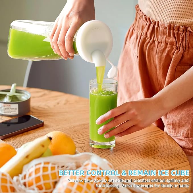 Glass Carafe, 1 Liter Carafe for Mimosa Bar, 4 Pcs, Square Pitcher with Lid and Spout, Drink Dispenser for Parties, Cold Water, Milk, Juice Container, Tea, Wine, Cocktails (6 Lids & 1 Spout)