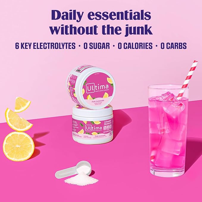 Ultima Replenisher Daily Electrolyte Powder Drink Mix – Sugar Free – Pink Lemonade, 30 Serving – Hydration Powder with 6 Key Electrolytes and Trace Minerals – Keto Friendly, Vegan, Non-GMO