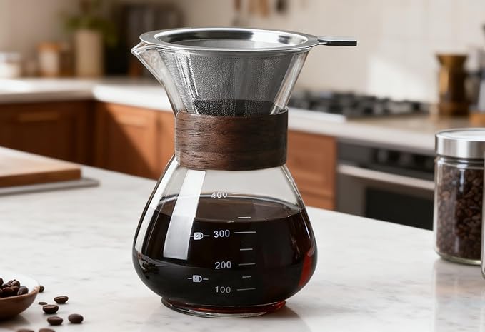 BeeCa Single-Serve Coffee Essential, Pour Over Coffee Maker Set, Reusable Stainless Steel Filter + Heat-Resistant Glass Carafe, Stylish Wood Collar, 1-2 Cup Portable & Easy Clean