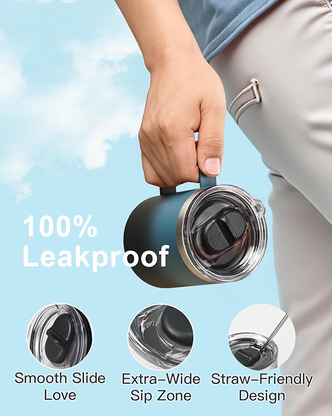 Insulated Coffee Mug 12 oz, Double Wall Stainless Steel Coffee Mug with Lids, Leak-Proof & Detachable Slider Lid for Thorough Clean, Keeps Coffee Cold for 9 Hrs, Suitable for Camp Home Office