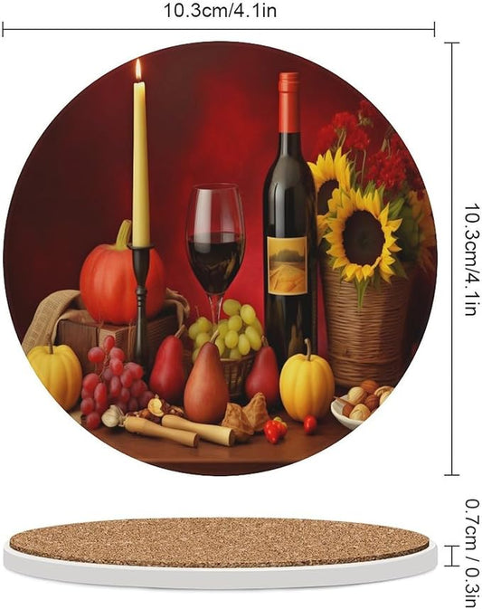 Round-4PCS Red Wine Ceramic Coasters, Round Absorbent Drink Coasters, Vintage Style Floral Red Wine Grapes Sunflower Ceramic Table Coasters for Coffee, Beverage, Wine, Beer Coasters